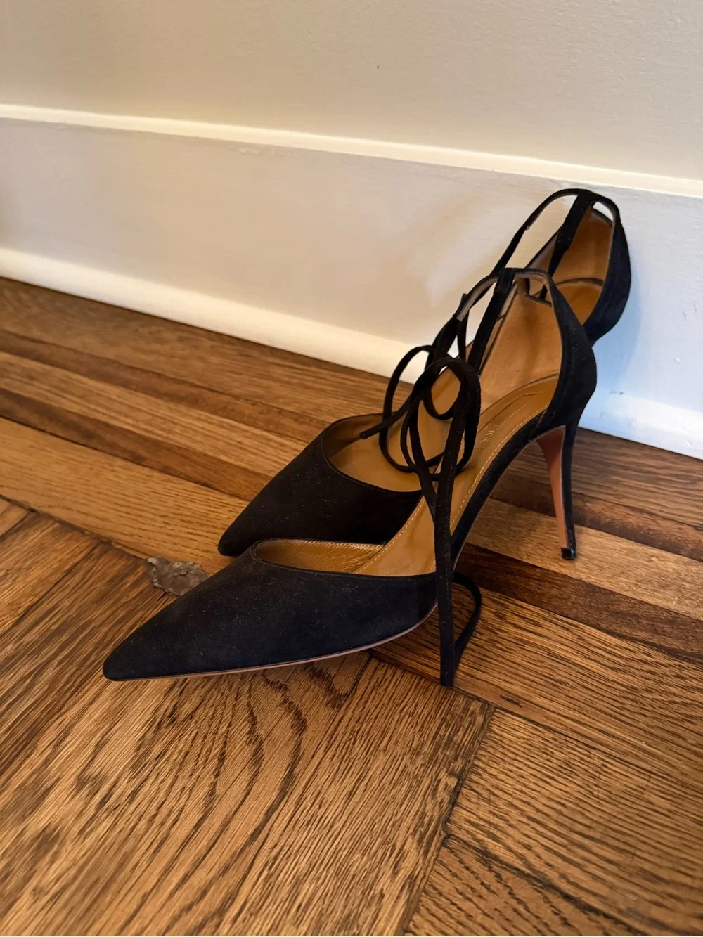 Aquazzura Black Suede Pointed-Toe d’Orsay Stiletto Heels with Ankle Tie